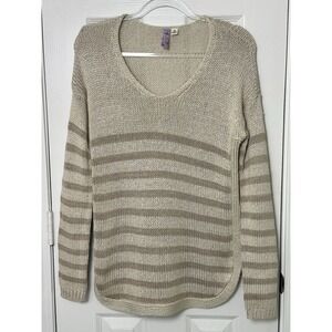 Alya Women's Pullover Striped Knit Sweater Size Medium Tan Brown Long Sleeve